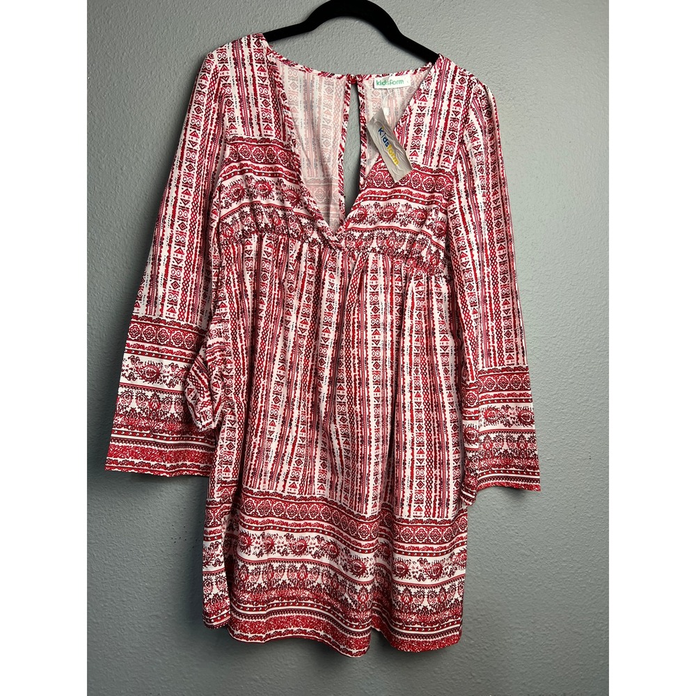 Kidsform Red White Geometric Paisley Mini Dress Long Bell Sleeve Empire Waist S